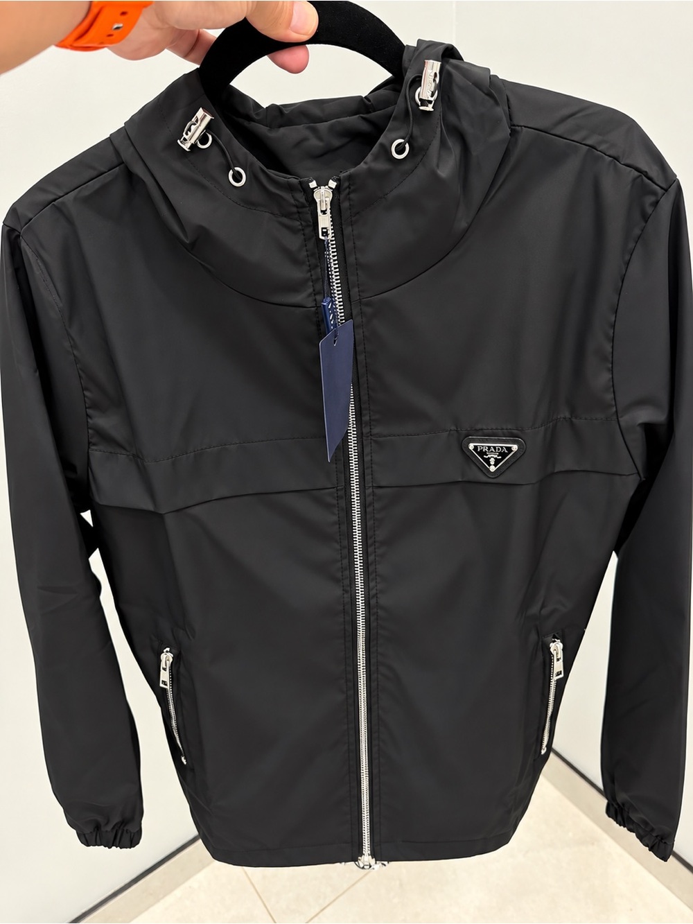 Prada Men's Black Hooded Windbreaker Jacket with Logo Patch size EU Large
